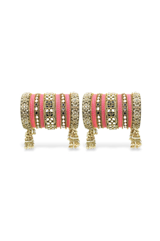 Pink Color Alloy Material Mirror And Stone Work Wedding Wear Jhumka Bangle Set