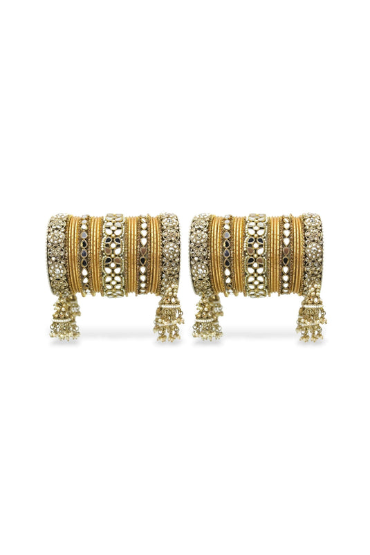 Golden Color Alloy Material Mirror And Stone Work Wedding Wear Jhumka Bangle Set