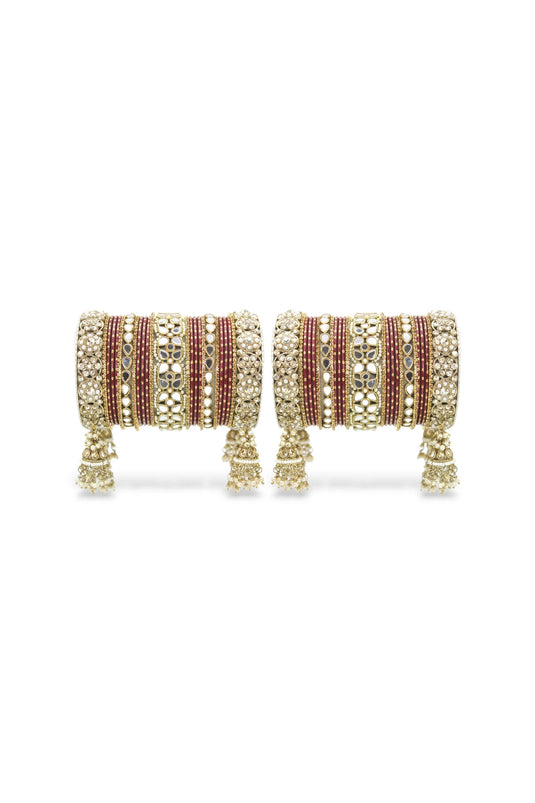 Maroon Color Alloy Material Mirror And Stone Work Wedding Wear Jhumka Bangle Set