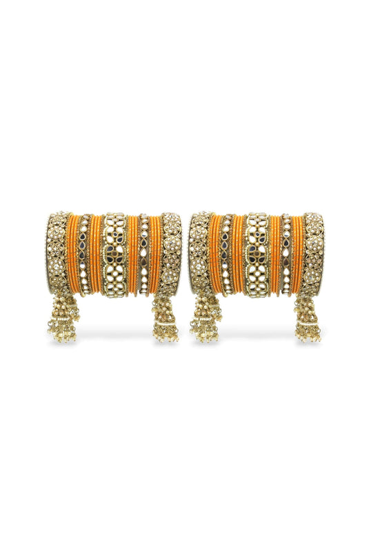 Orange Color Alloy Material Mirror And Stone Work Wedding Wear Jhumka Bangle Set