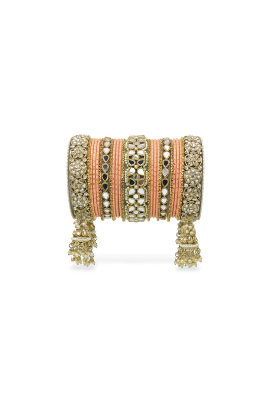 Peach Color Alloy Material Mirror And Stone Work Wedding Wear Jhumka Bangle Set