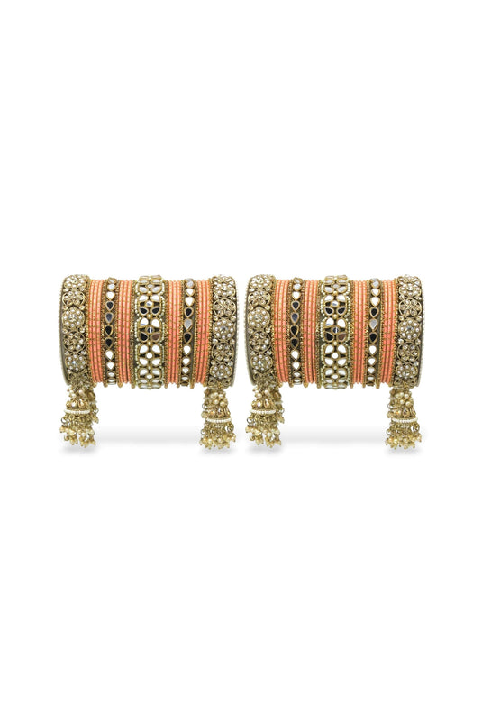 Peach Color Alloy Material Mirror And Stone Work Wedding Wear Jhumka Bangle Set