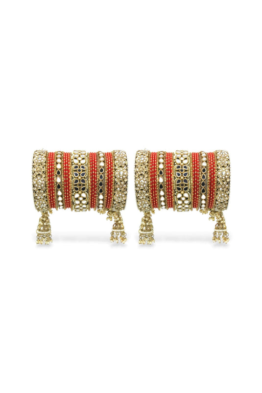Red Color Alloy Material Mirror And Stone Work Wedding Wear Jhumka Bangle Set