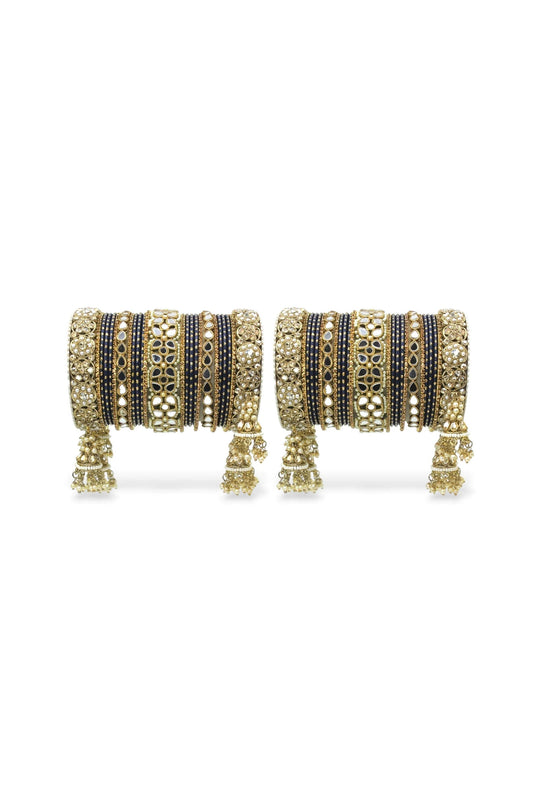 Blue Color Alloy Material Mirror And Stone Work Wedding Wear Jhumka Bangle Set