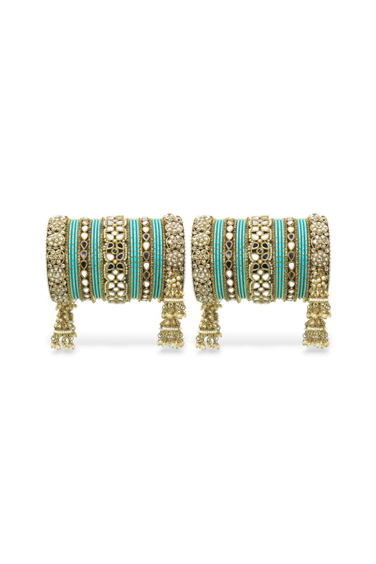 Cyan Color Alloy Material Mirror And Stone Work Wedding Wear Jhumka Bangle Set
