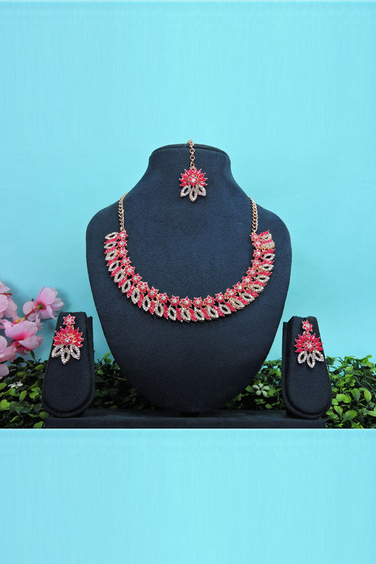 Amazing Rani Color Alloy Material Necklace Set Earrings And Mang Tikka For Women