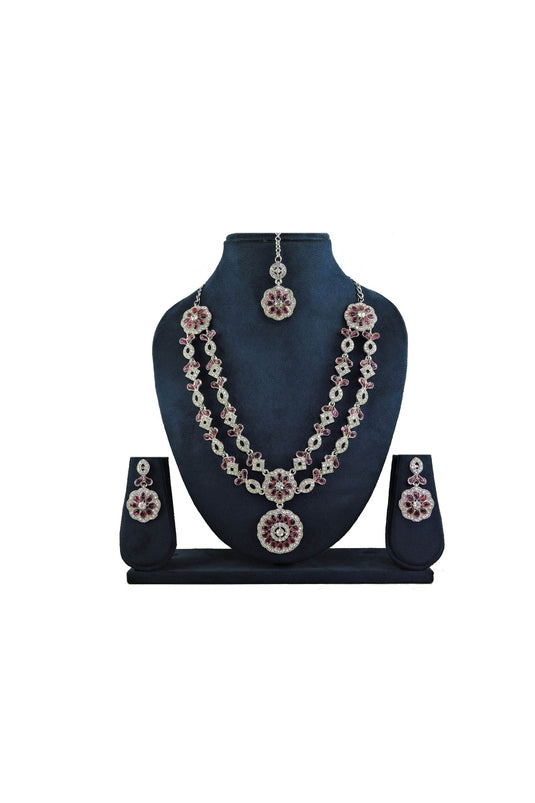 Tempting Alloy Material Purple Color Necklace Set Earrings And Mang Tikka For Women