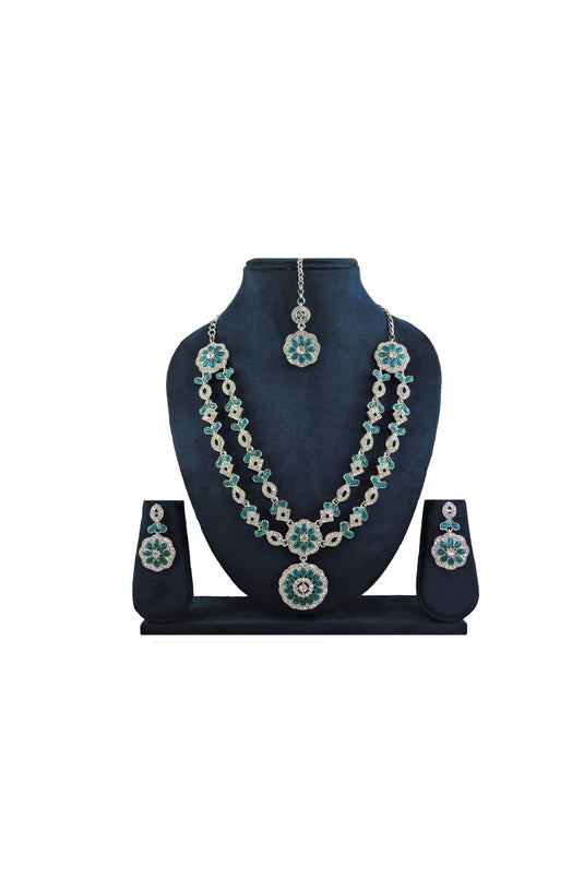 Engaging Cyan Color Alloy Material Necklace Set Earrings And Mang Tikka For Women