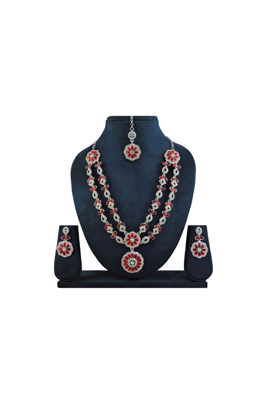 Red Color Gorgeous Necklace Set Earrings And Mang Tikka For Women In Alloy Material