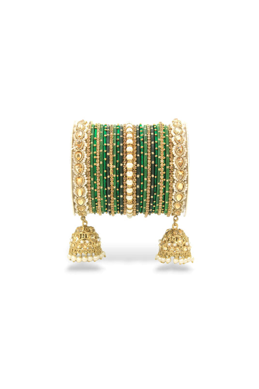 Traditional Green Color Bridal Jhumki Style Bangle Set For Two Hands In Alloy Material