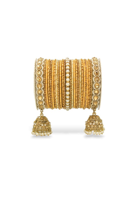 Golden Color Alloy Material Embellished Bridal Jhumki Style Bangle Set For Two Hands