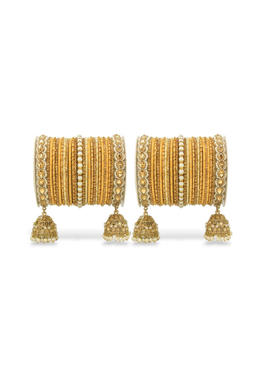 Golden Color Alloy Material Embellished Bridal Jhumki Style Bangle Set For Two Hands