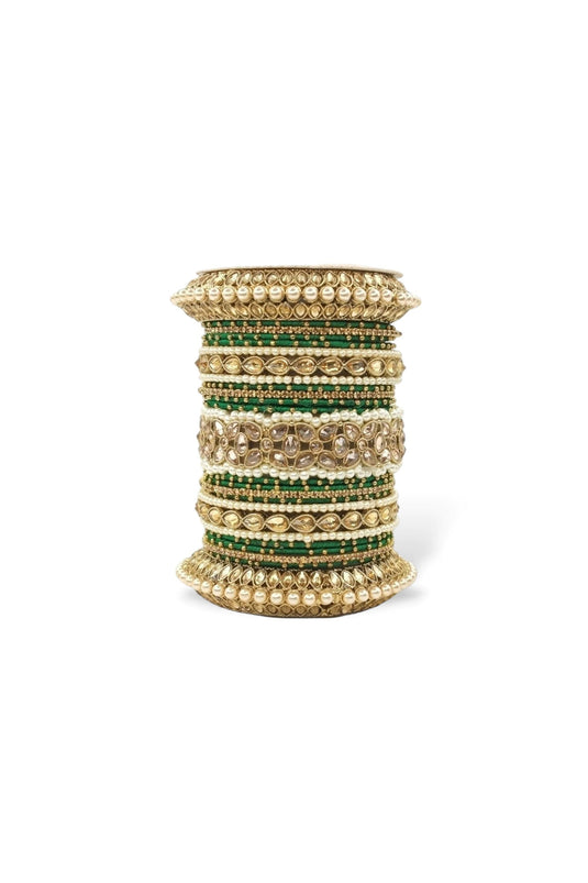 Green Color Alloy Moti And Stone Work Bangle Set With Pacheli Kada