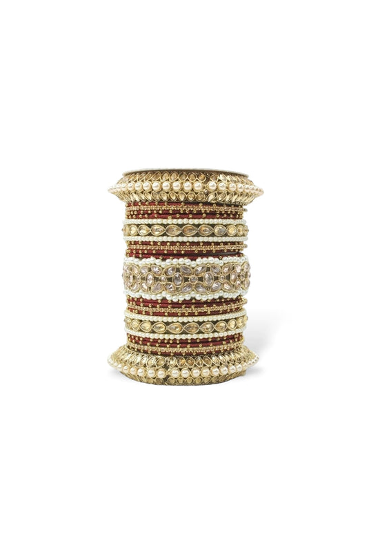 Maroon Color Alloy Moti And Stone Work Bangle Set With Pacheli Kada