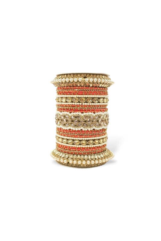 Orange Color Moti And Stone Work Alloy Bangle Set With Pacheli Kada