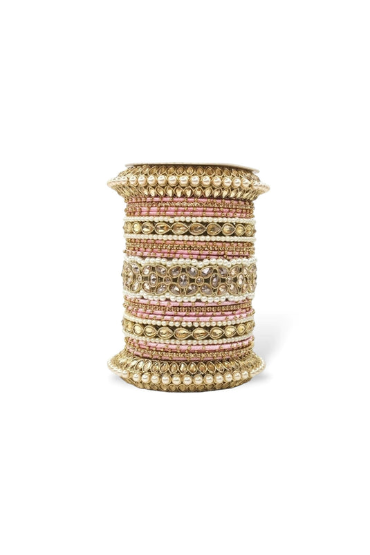 Pink Color Alloy Moti And Stone Work Bangle Set With Pacheli Kada