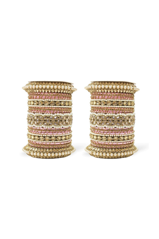 Pink Color Alloy Moti And Stone Work Bangle Set With Pacheli Kada