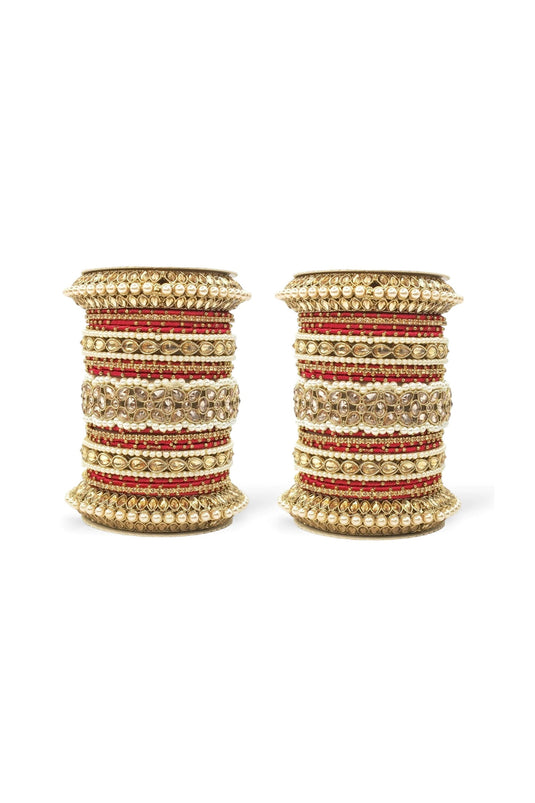 Red Color Moti And Stone Work Alloy Bangle Set With Pacheli Kada