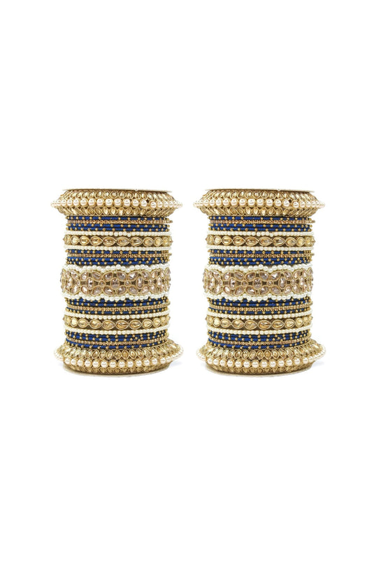 Blue Color Moti And Stone Work Alloy Bangle Set With Pacheli Kada