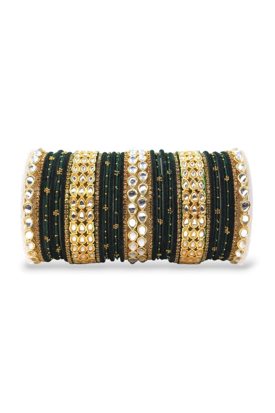 Green Color Adorning Bangle Set With Kundan Kada