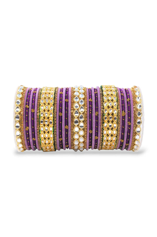 Intricate Lavender Color Bangle Set With Kundan Kada