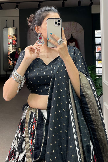Glorious Function Wear Black Color Foil Printed Work Art Silk Lehenga
