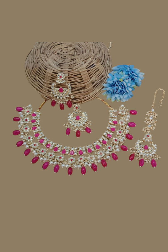 Alloy Material Wondrous Necklace Set Earrings And Mang Tikka For Women In Rani Color