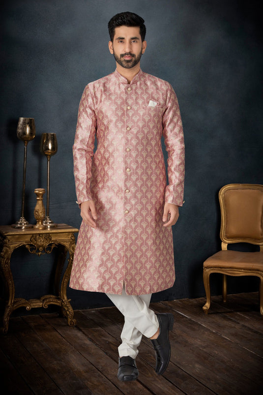 Pink Color Banarasi Jacquard Fabric Wedding Wear Readymade Indo Western Suit For Men