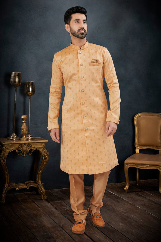 Peach Color Engaging Banarasi Jacquard Fabric Festive Wear Readymade Indo Western Suit For Men