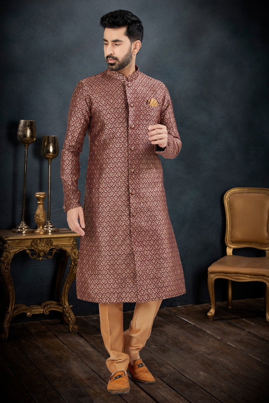 Wine Stunning Banarasi Jacquard Fabric Wedding Wear Readymade Indo Western Suit For Men