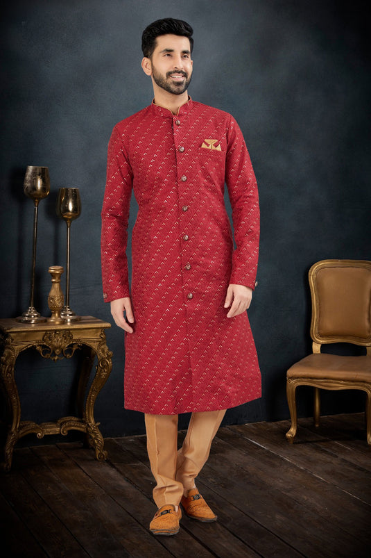 Banarasi Jacquard Lovely Red Color Festive Wear Readymade Indo Western Suit For Men