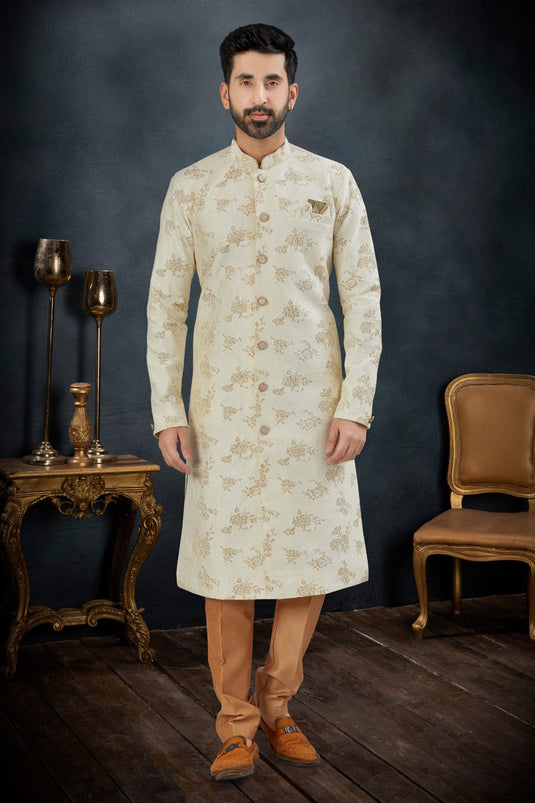 Beige Color Beautiful Jacquard Fabric Wedding Wear Readymade Indo Western Suit For Men