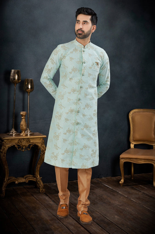Light Cyan Color Jacquard Fabric Wedding Wear Readymade Indo Western Suit For Men
