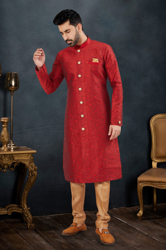 Jacquard Fabric Red Color Festive Wear Readymade Men Stylish Indo Western Suit