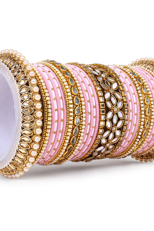 Pink Color Traditional Pearl And Kundan Velvet Bangles Bridal Set In Alloy Material