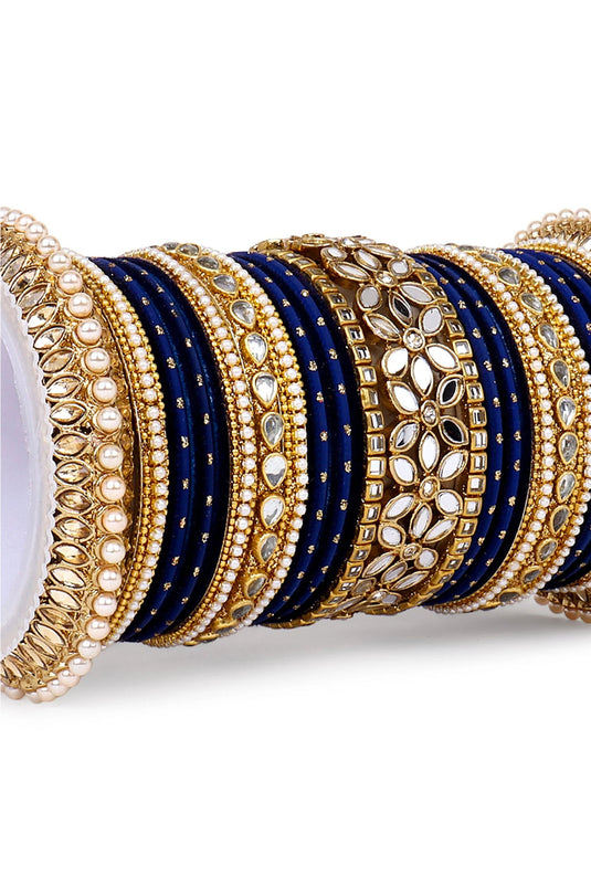 Alloy Material Navy Blue Color Phenomenal Bridal Bangle Set With Flower Mirror Kada