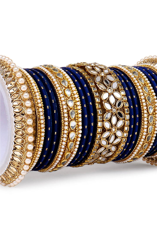 Alloy Material Mustard Color Elegant Pearl And Kundan Velvet Bangles Bridal Set