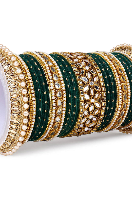 Dark Green Color Alloy Material Ravishing Pearl And Kundan Velvet Bangles Bridal Set