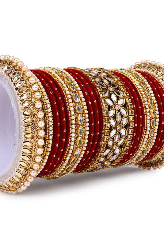 Alloy Material Luxurious Bridal Bangle Set With Flower Mirror Kada In Maroon Color