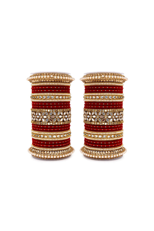 Alloy Material Luxurious Bridal Bangle Set With Flower Mirror Kada In Maroon Color