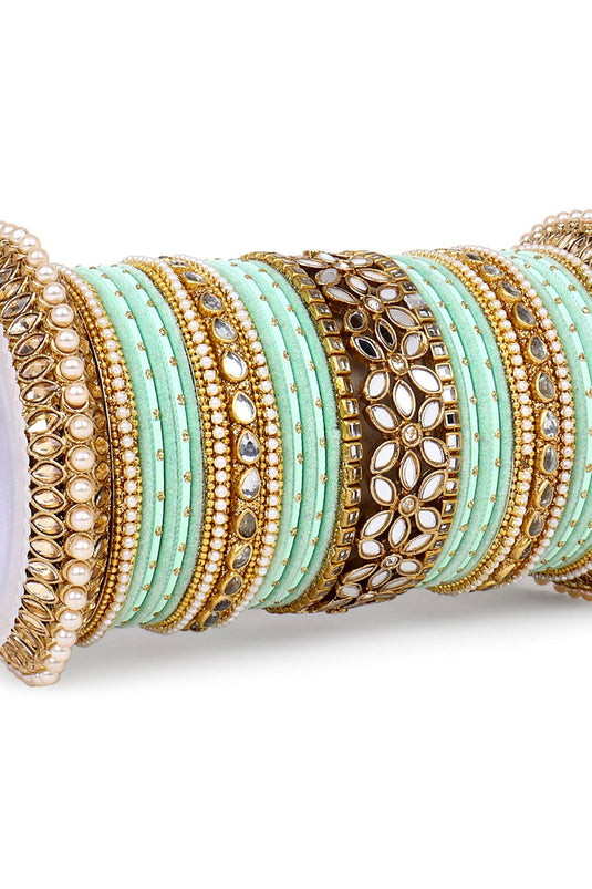 Alloy Material Sea Green Color Magnificent Bridal Bangle Set With Flower Mirror Kada