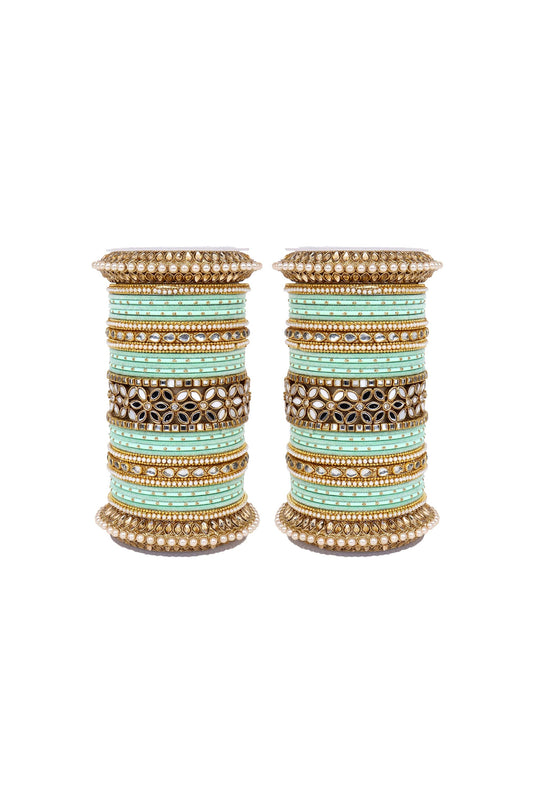 Alloy Material Sea Green Color Magnificent Bridal Bangle Set With Flower Mirror Kada