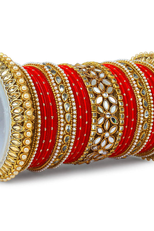 Alloy Material Mesmeric Bridal Bangle Set With Flower Mirror Kada In Red Color