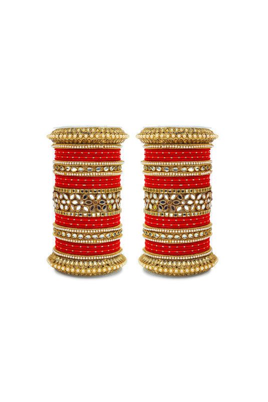 Alloy Material Mesmeric Bridal Bangle Set With Flower Mirror Kada In Red Color