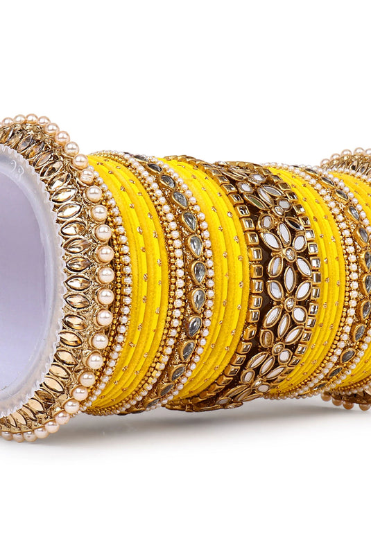 Alloy Material Wondrous Bridal Bangle Set With Flower Mirror Kada In Yellow Color