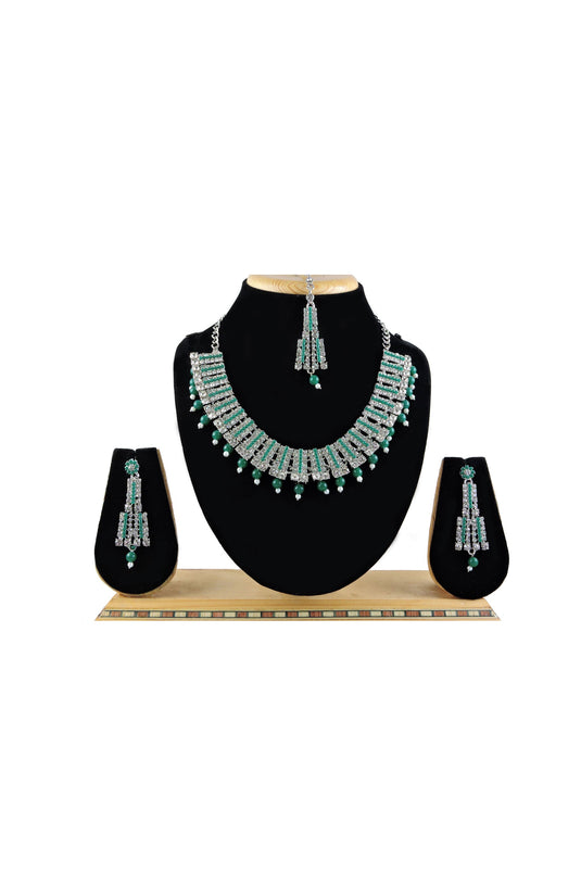 Dark Green Color Alloy Material Necklace Set Earrings And Mang Tikka For Women