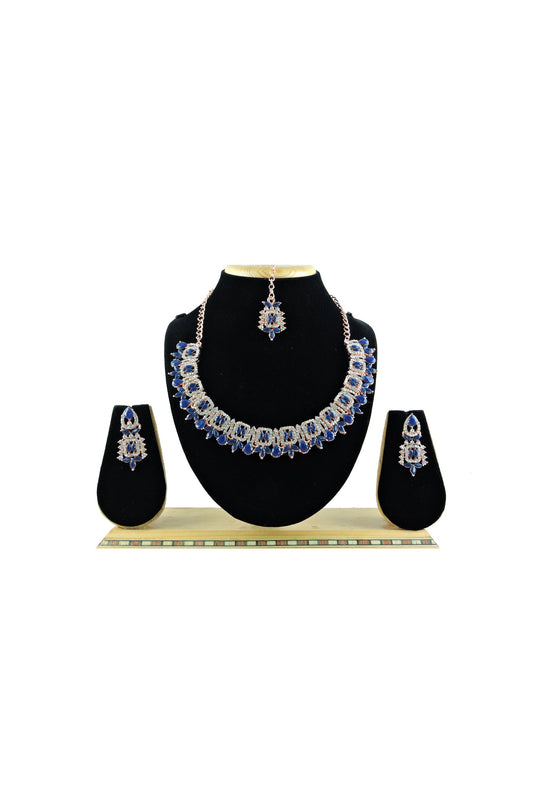 Embellished Navy Blue Color Alloy Material Necklace Set Earrings And Mang Tikka For Women