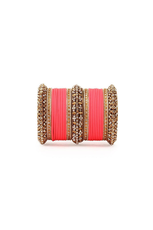 Stylish Alloy Material Peach Color Bridal Matte Textured Bangle Set