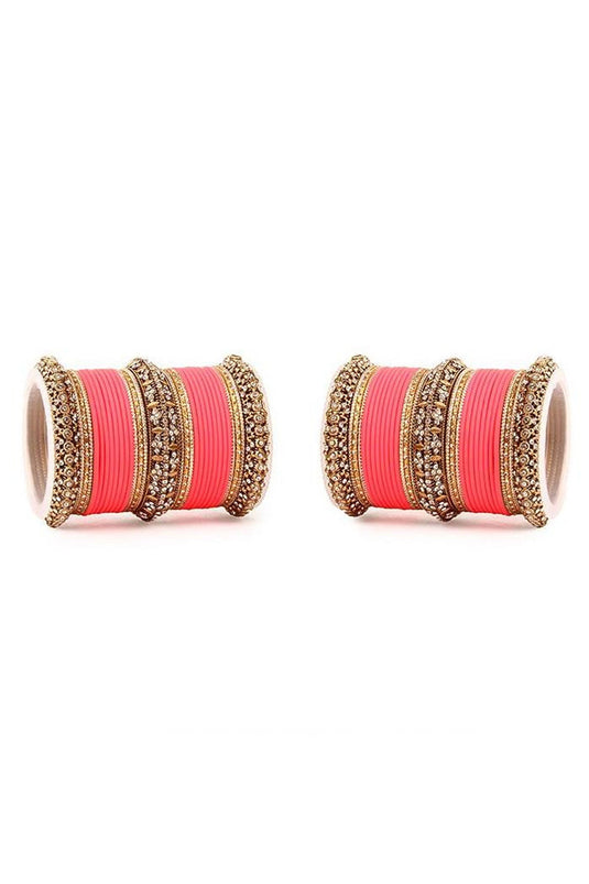 Stylish Alloy Material Peach Color Bridal Matte Textured Bangle Set