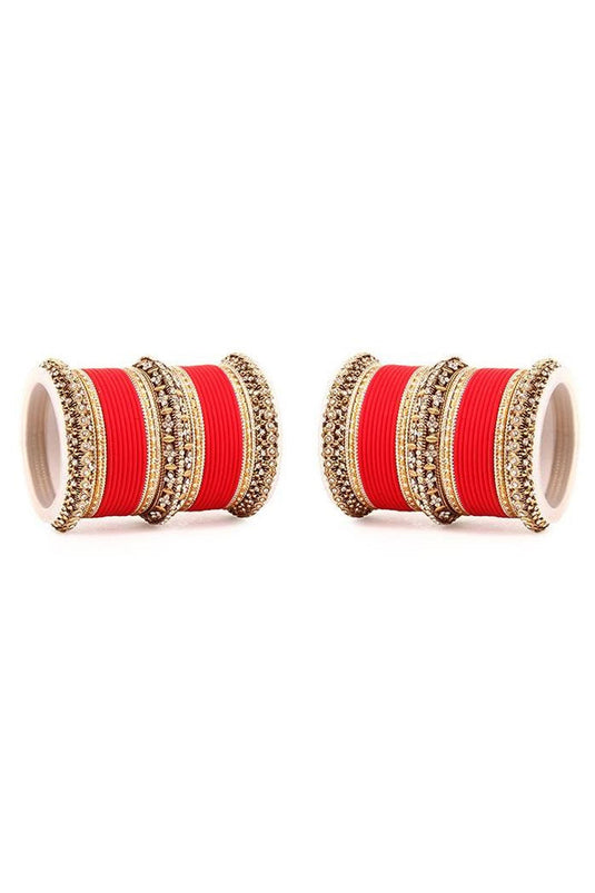 Vibrant Red Color Alloy Material Bridal Matte Textured Bangle Set